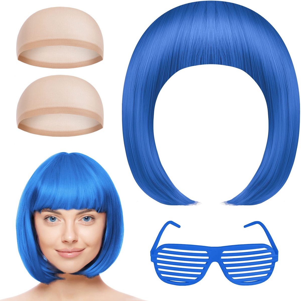 AOMIG Korte bob-pruiken, set van 4 met zonnebril en pruikenkap, neon cosplay feestpruiken, synthetisch recht voor dagelijkse en vakantiedecoraties