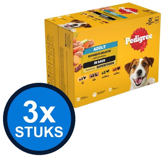 3x Pedigree Adult Gevogelte Selectie in saus met groenten en superfoods. Verpakking met afbeelding van een hond en groenten.