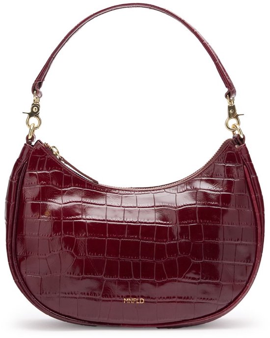Manfield Burgundy Leren Croco Schoudertasje Met Ritssluiting - Maat Onesize