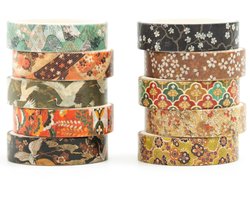Washi Tape Set Japanse Kyoto Arts zelfklevende tapes skinny decoratieve afplaktape sets voor ambacht, kinderen, plakboek, doe-het-zelf, geschenkverpakking (gouden