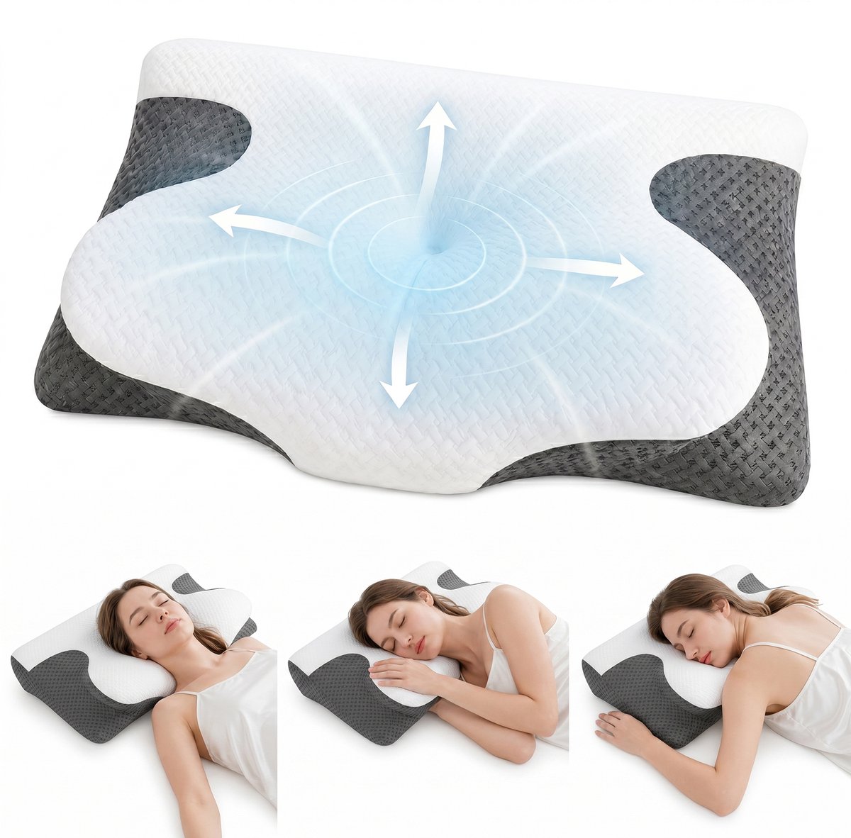 Hoofdkussen Nekklachten met Neksteun - 2-in-1 Vlinderkussen - Orthopedisch & Ergonomisch Nekkussen - Memory Foam Traagschuim Kussen voor Zijslapers en Rugslapers - Wasbare Hoes - 60x40x12 cm