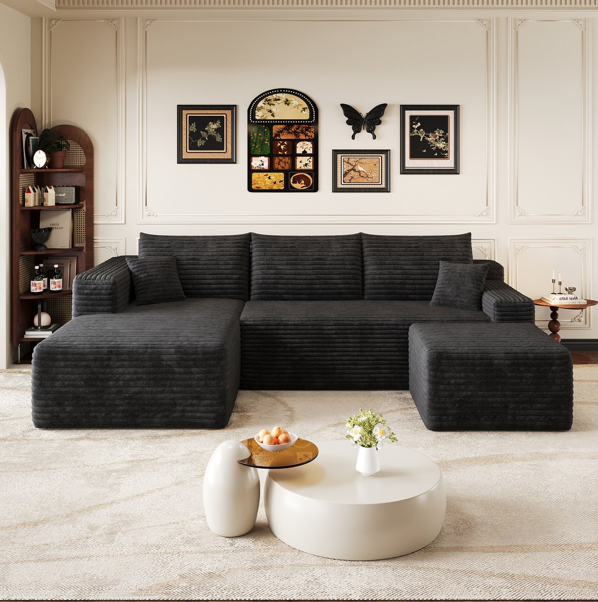 FloraGrace Hoekbank 241 Cm – 4-Zits L-Vormige Bank Met Chaise Longue – Zonder Montage Voor Woonkamer – Corduroy Stof – Zwart