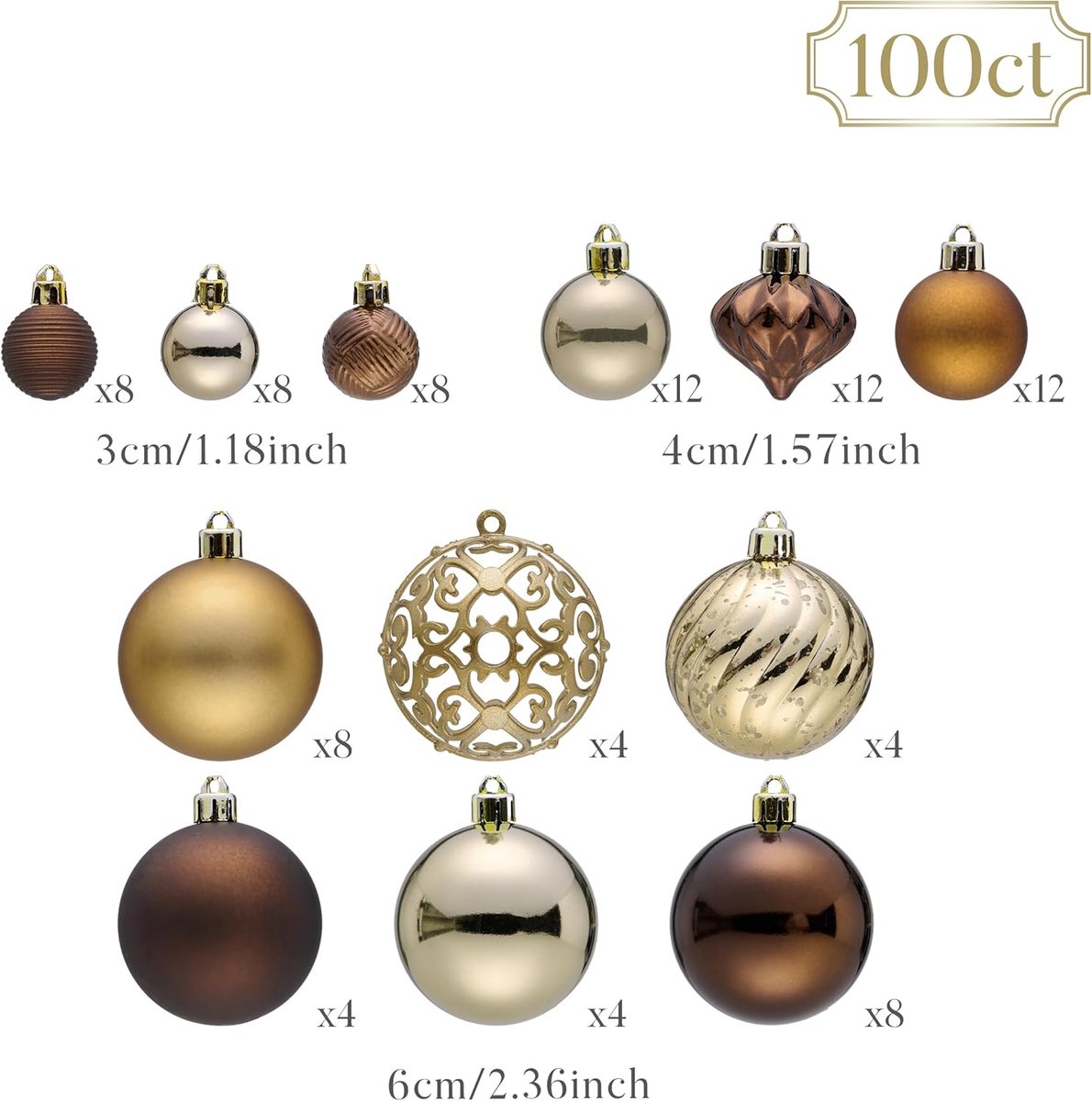 Kerstballen Set - Kerstdecoratie Ballen - Kerstboom Versieren - Origineel Design - 100 stuks - Brons en Goud – foto 6