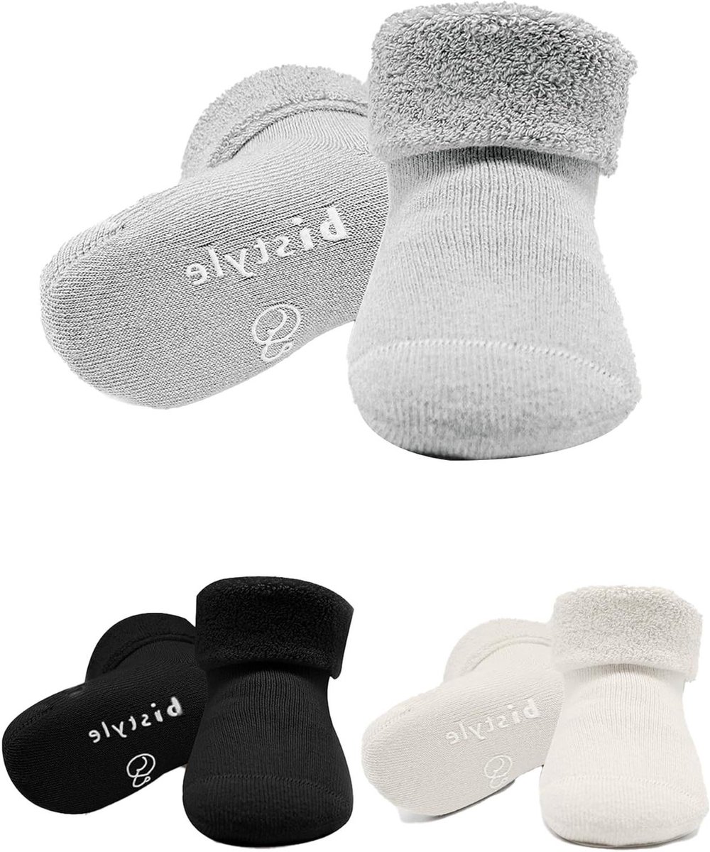 Babysokken biologisch katoen - Warme wintersokken peuter - Veilig Lopen Leren - ABS Antislip zool - 3 paar - Grijs