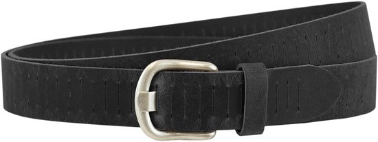 Zwarte leren riem met kleine gleufjes en een zilverkleurige gesp.