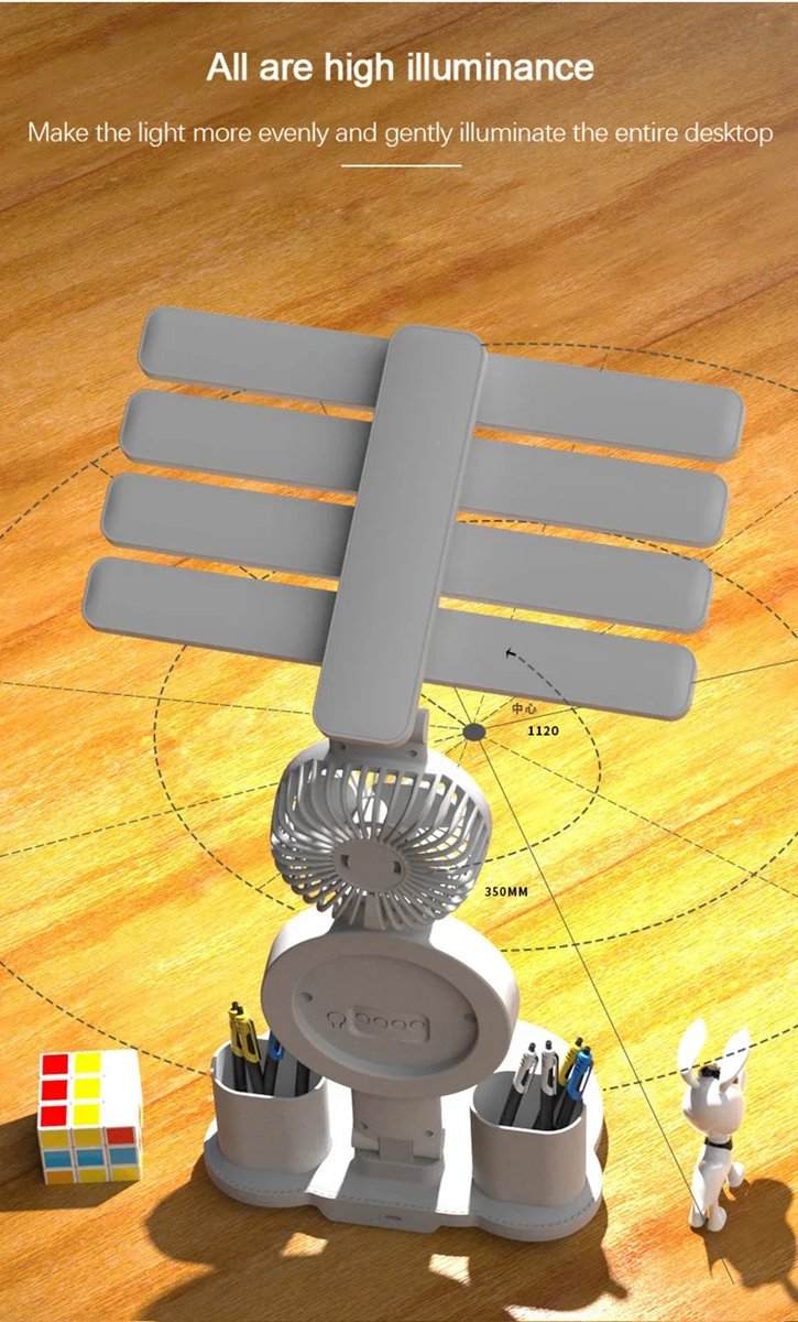 LED klok met leeslamp, Oplaadbare bureaulamp met ventilator, Multifunctionele tafellamp thumbnail 2
