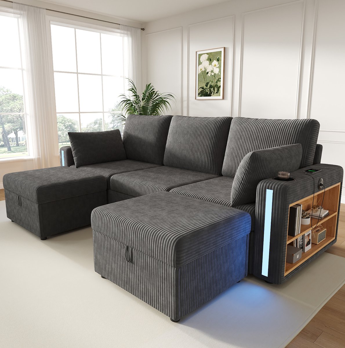 HAUSS SPOLE U-Bank - Modulaire Hoekbank - Met Ledverlichting, Usb, Type C En Opberghockers - Voor Woonkamer - Corduroy Grijs