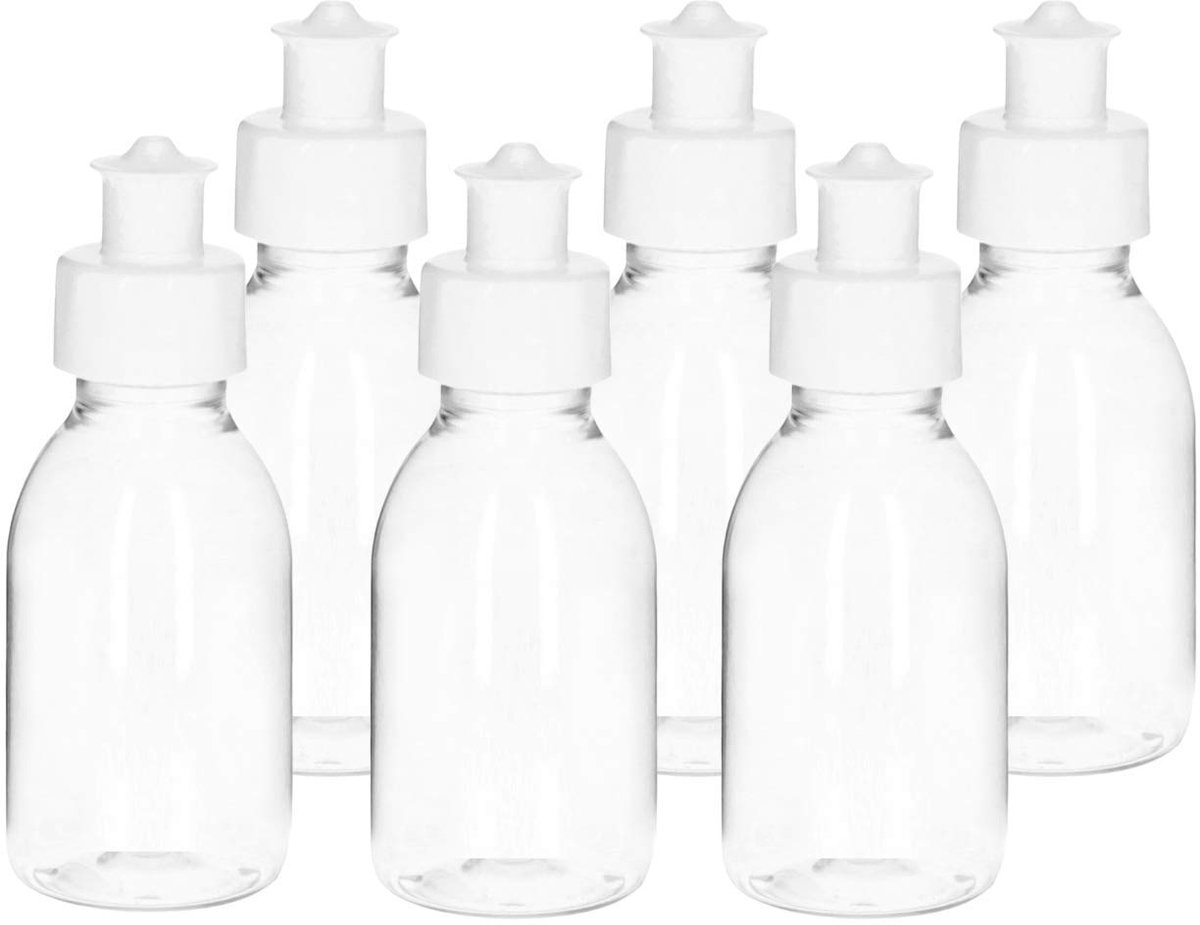 Lege plastic flessen om te vullen, 100 ml, doorzichtige plastic flessen met push-pull-deksel, reiscontainer, navulflessen, kleine lege flesjes, 100 ml, 6 stuks