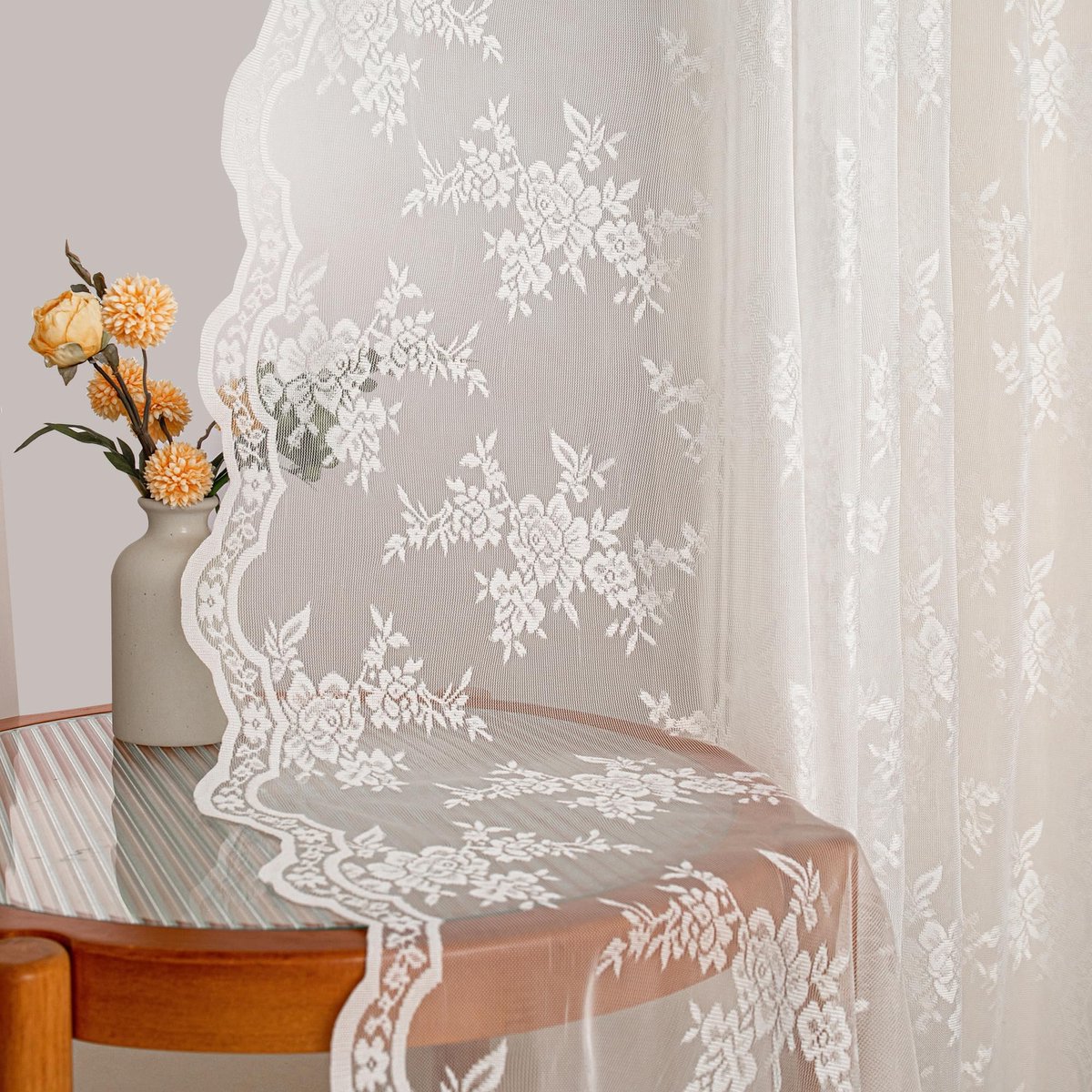 Gordijn met geborduurd bloemenpatroon, gordijnen met plooiband, transparant, set van 2, moderne decoratieve gordijnen voor woonkamer en slaapkamer, ivoorwit, H 260 x B 140 cm