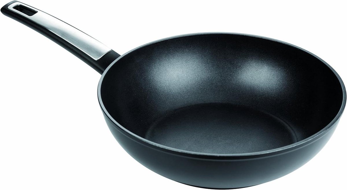 Wok Pan - Roerbakpan - Gezond Koken - Massief Gegoten - 28 cm - Zwart