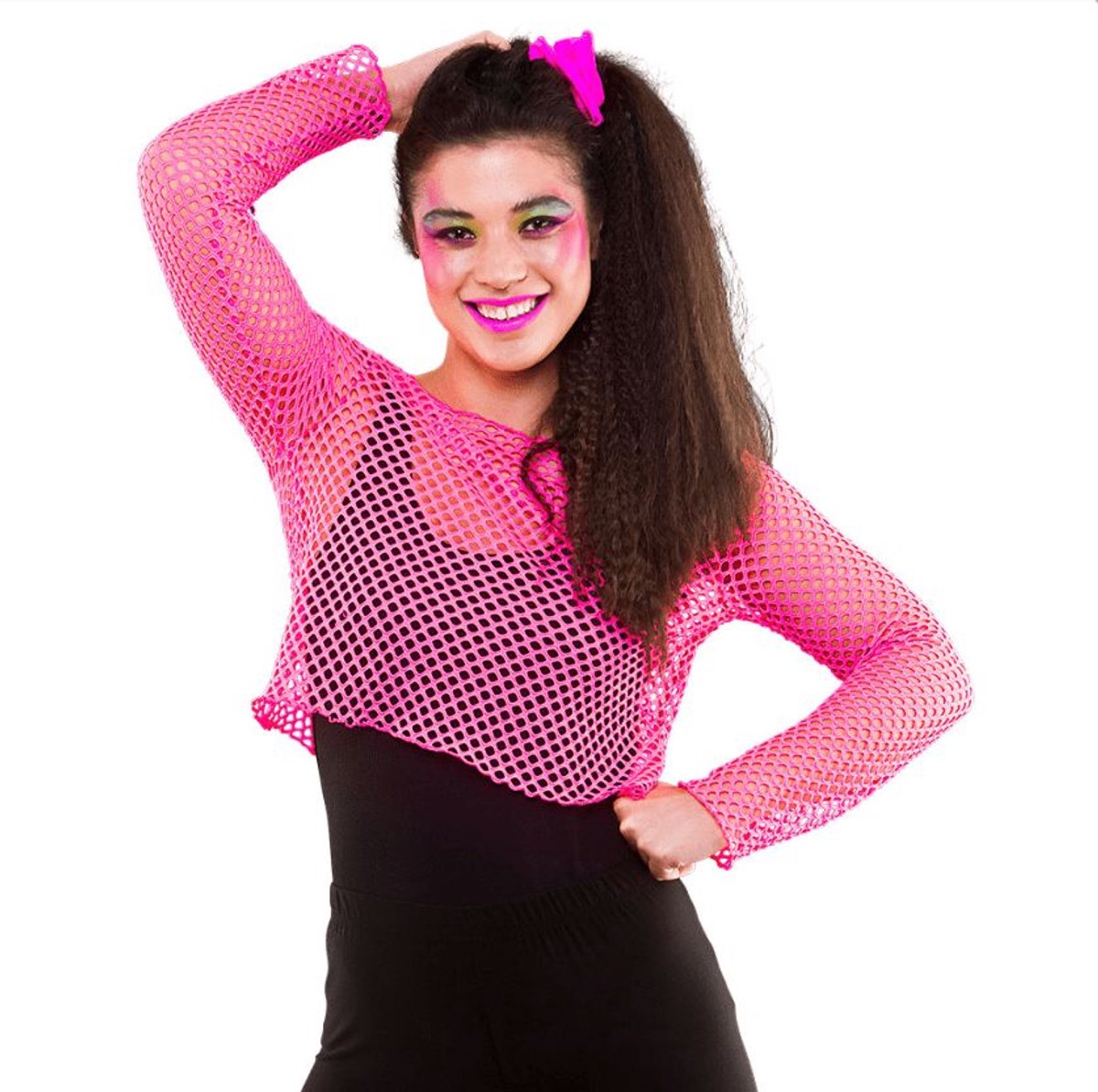 Visnet shirt Maud 80- jaren neon roze