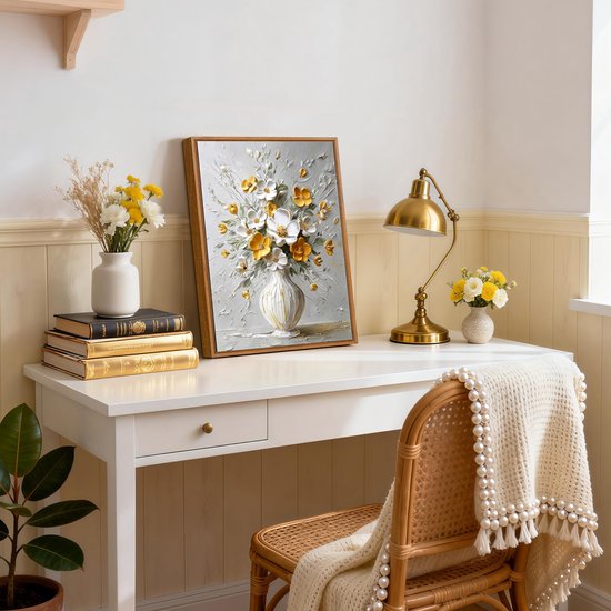 Print op canvas met modern frame, wit, geel, beige, bloemen, schilderijen op canvas, poster, bloemen, botanische planten in pot, moderne foto's, poster, wandprint, woonkamer, slaapkamer, 30 x 40 cm — afbeelding 5