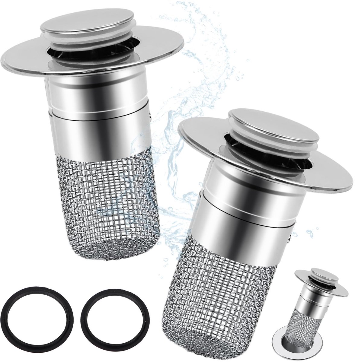 Wastafelstop met afvoerzeef (2 stuks, zilver): pop-up functie, universeel 34-40 mm, incl. haarzeef & afvoerstop. Voor wastafel in badkamer, keuken en werkblad.