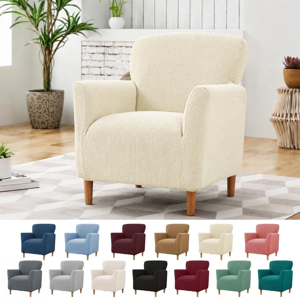 Stoelhoes met armleuningen, stretch, elastische stoelhoes van jacquard-gebreide stof, universele stoelhoes voor oorfauteuil en clubstoel, wasbaar, bescherming tegen vlekken en slijtage (lichtgeel)