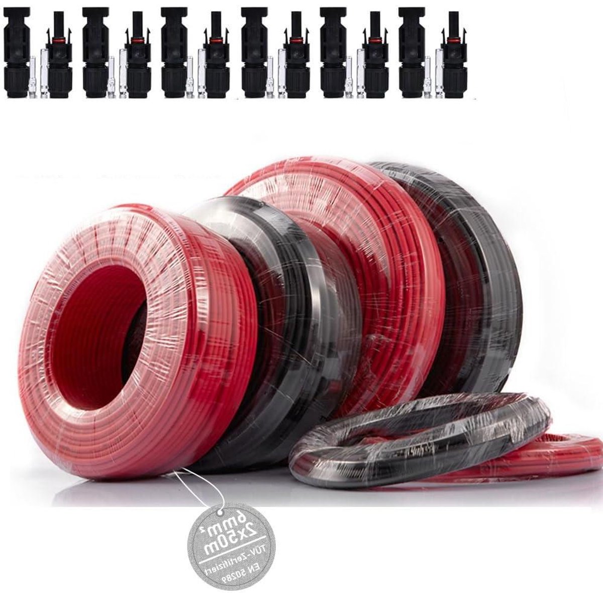 Zonnepaneel Kabel - Stroomkabel - Energie Opwekken - TÜV Gecertificeerd - 2x 50m 6mm² - Zwart Rood