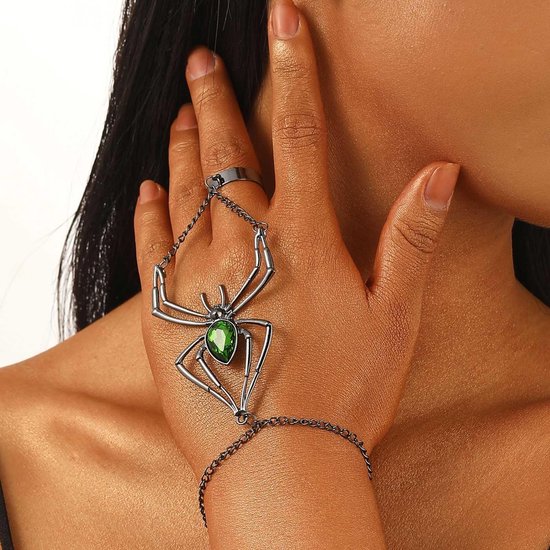 Handketting voor dames, gothic handsieraad van zwart metaal en groen kristal met ring, spinnen-handketting handdecoratie in donkere stijl voor damesmode — afbeelding 4