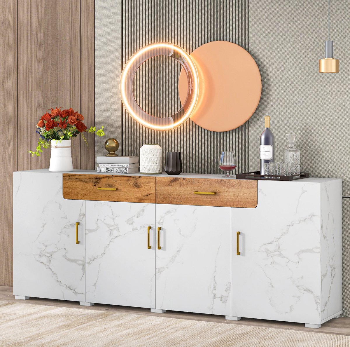 HAUSS SPOLE Dressoir - Marmerlook Opbergkast Met 4 Deuren En 2 Lades - Voor Woonkamer Slaapkamer Of Hal - Spaanplaat En MDF - 208x39,5x80 Cm - Wit