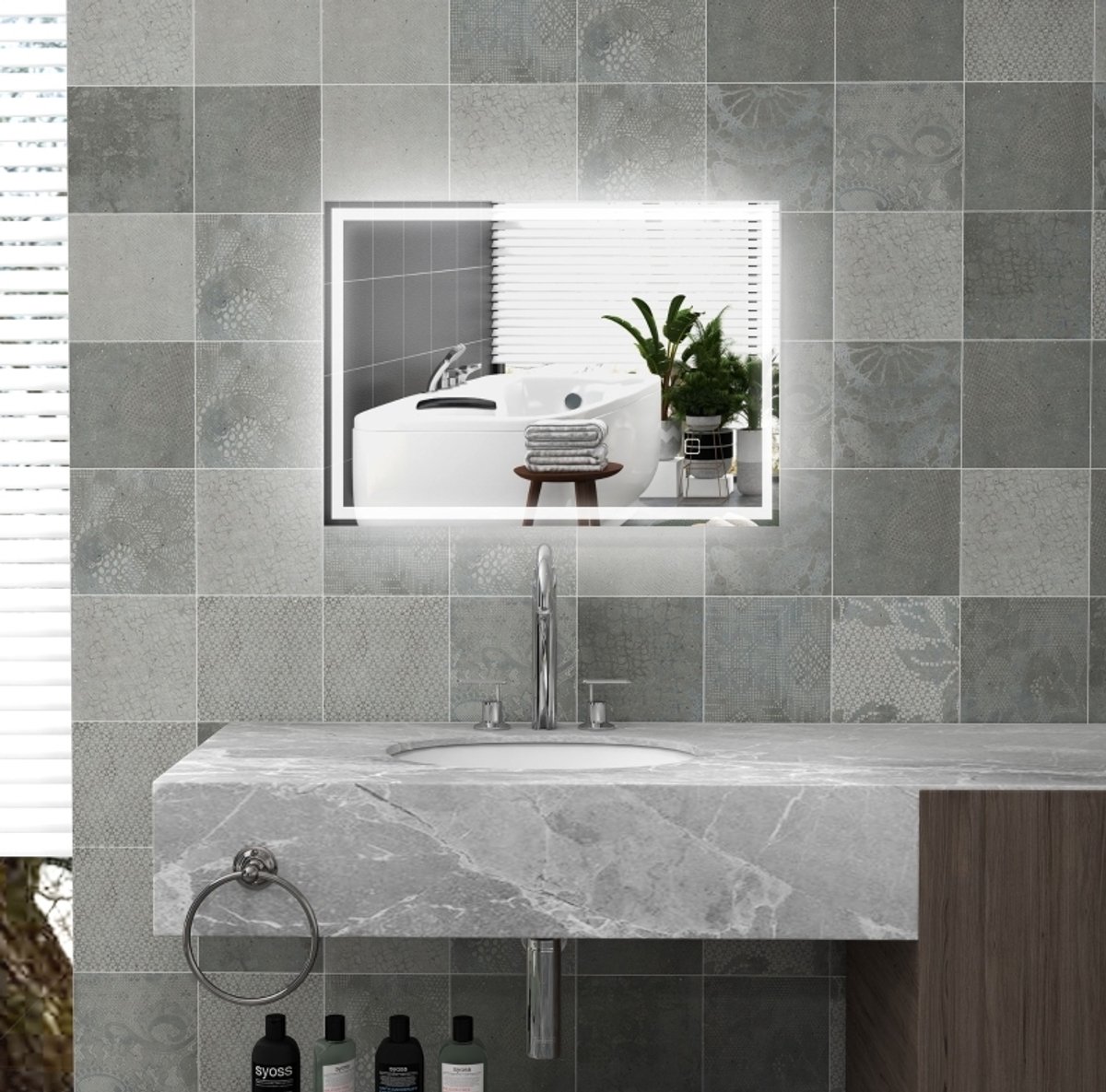 MEUNIQ badspiegel met LED 70 x 50 cm rechthoekige wandspiegel voor badkamer met touchbediening, dimbare driekleurige verlichting, anti-condens en geheugen Silver