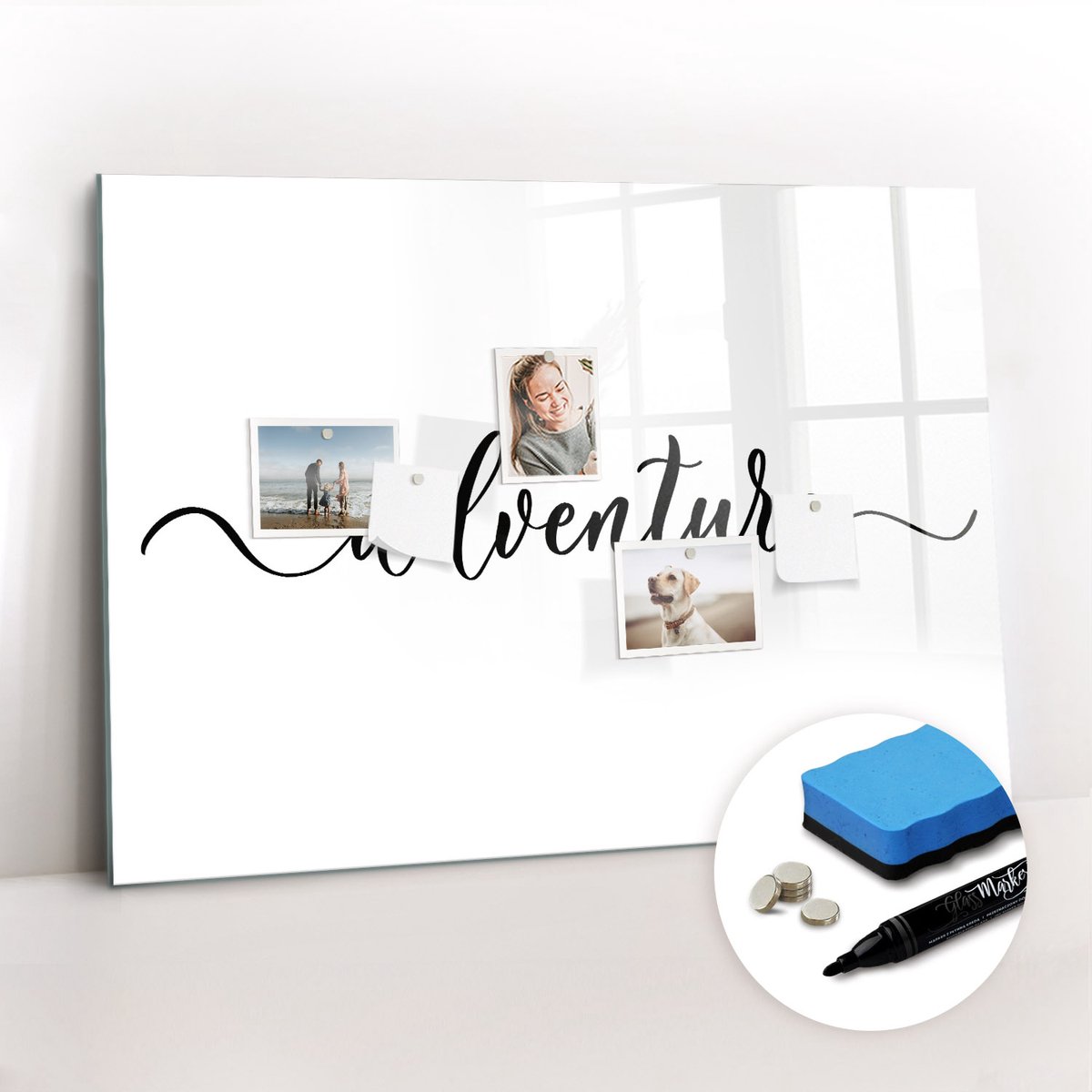Tulup Whitebord - Avontuurlijke inscriptie - 100 x 70 cm - Zwart-wit Memobord Glas - Gratis 5 Sterke Magneten + Whiteboard Marker & Wisser - Design Memobord - Magnetisch Memobord - Ideeënbord Thuiswerkplek
