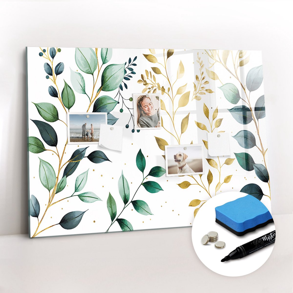 Tulup Whitebord - Patroon van plantenbladeren - 100 x 70 cm - Veelkleurig Magneetbord Rechthoekig - Gratis 5 Sterke Magneten + Whiteboard Marker & Wisser - Interieur Accessoires Kantoor - Foto Magneetbord - Productiviteit Tools
