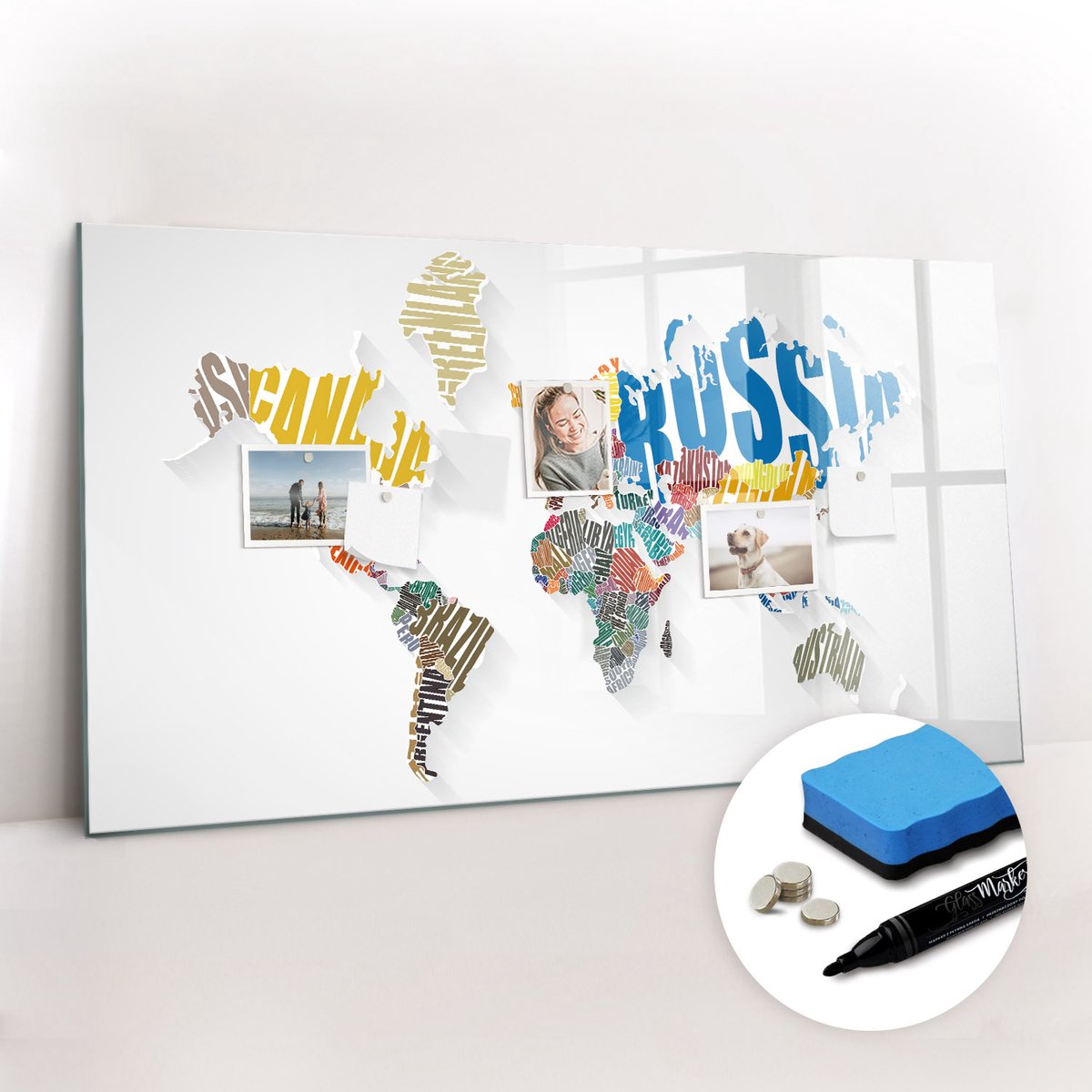 Tulup Whitebord - Letterkaart van de wereld - 120 x 60 cm - Veelkleurig Magneetbord Muur - Gratis 5 Sterke Magneten + Whiteboard Marker & Wisser - Design Memobord - Magnetic Board - Inspiratiebord Kantoor