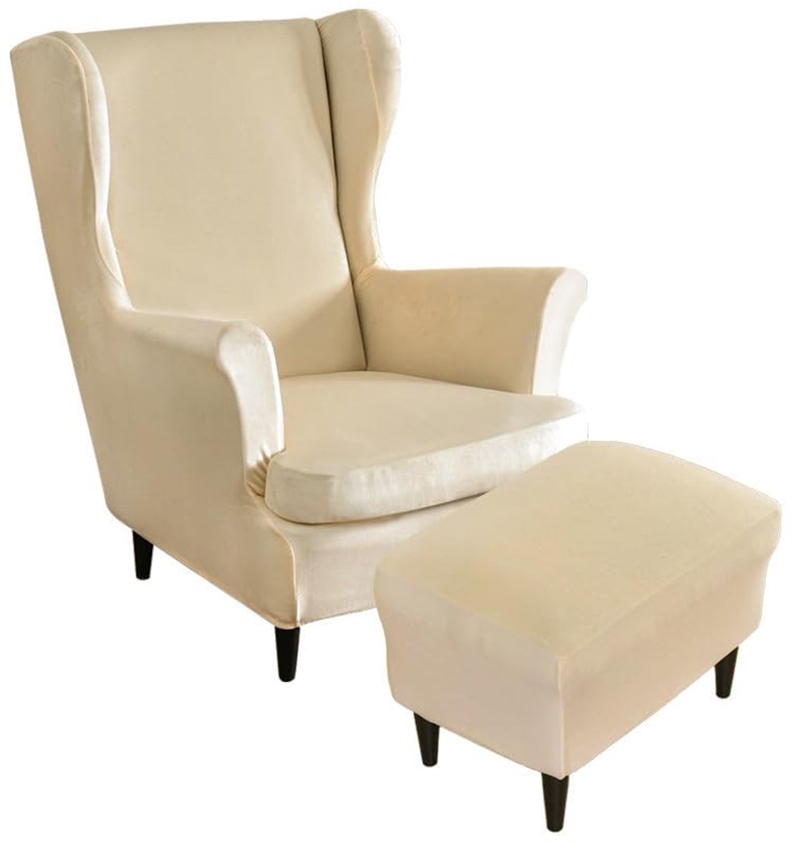 Velvet Wingback Stoelhoezen 2-Delig Met Ottomaanse Hoes, Stretch Wing Chair Hoes, Wasbare Spandex Stoffen Bankhoes Meubelbeschermer Voor Fauteuils Slaapkamer Hotel (beige)