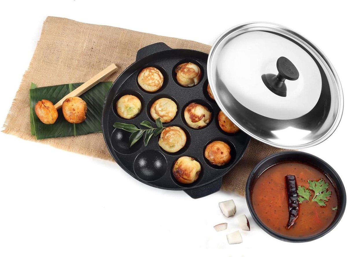 Appam Patra - Poffertjespan Koekenpan - Ontbijt Maken - Non-stick Coating - 24 x 24 x 6 cm - Zwart