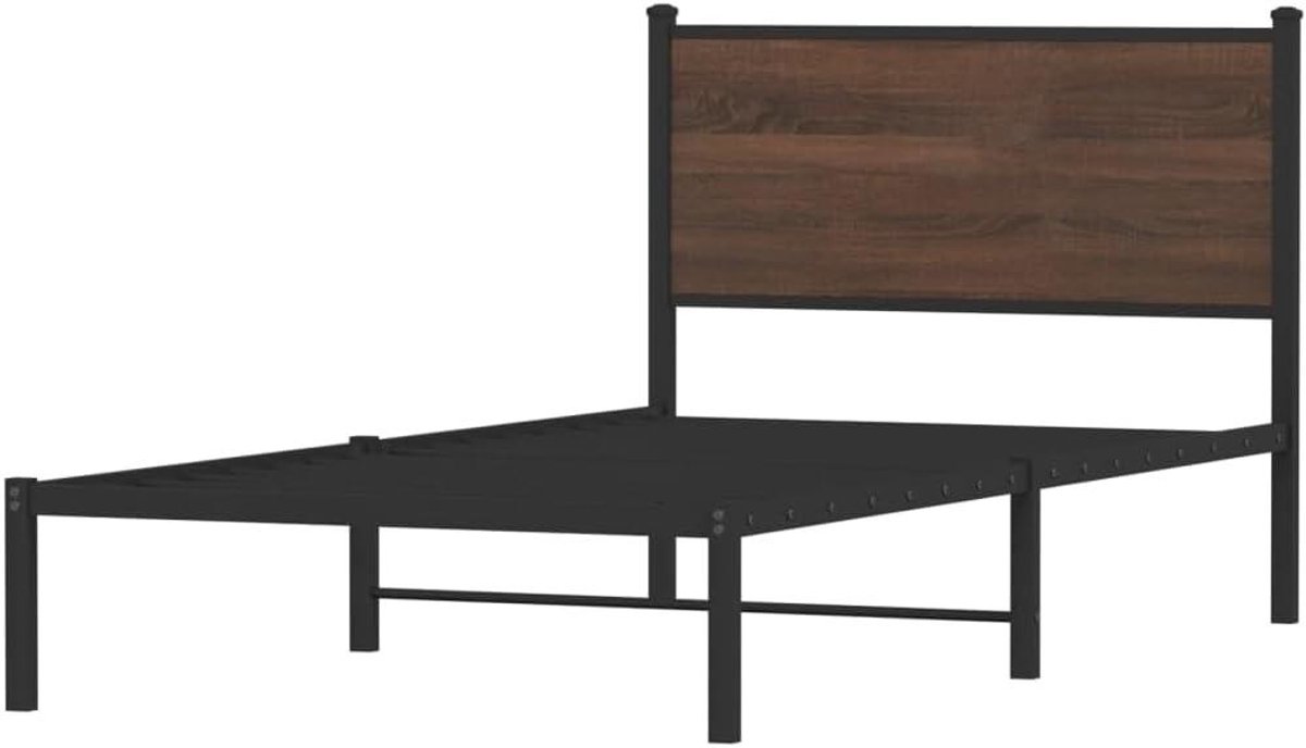 Bedframe met hoofdbord - Ledikant metaal - Slaapkamer inrichten - Robuust stalen frame - 100x200 cm - Bruin eikenkleur