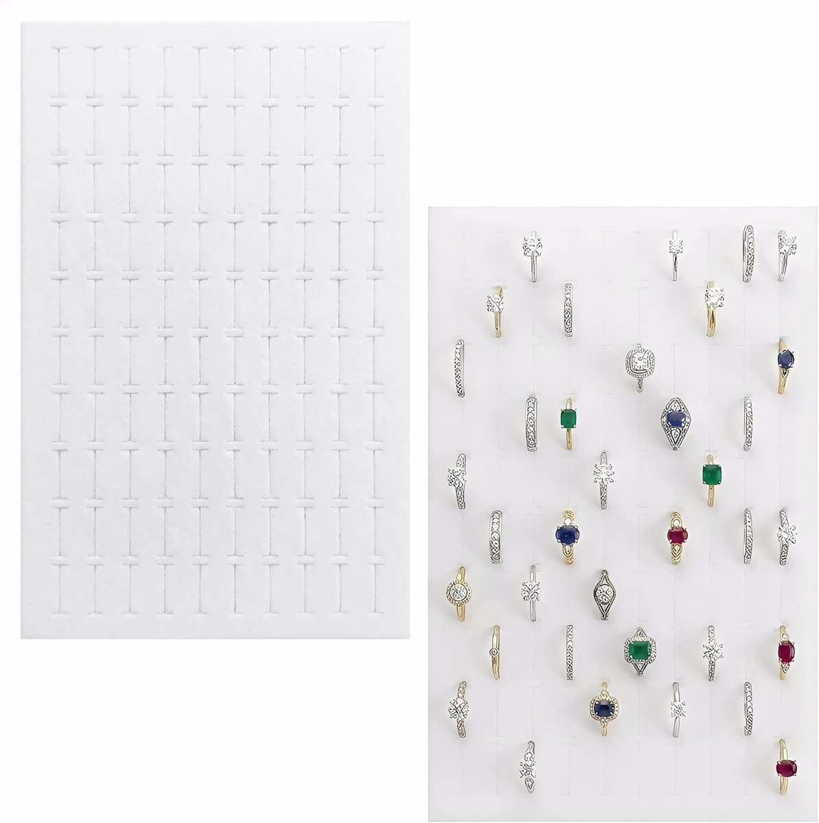 Set van 2 Ringhouder-inzetstukken, Fluwelen Schuim Display-inlays voor Sieradenlade, 100 Sleuven, 28x18cm, Wit