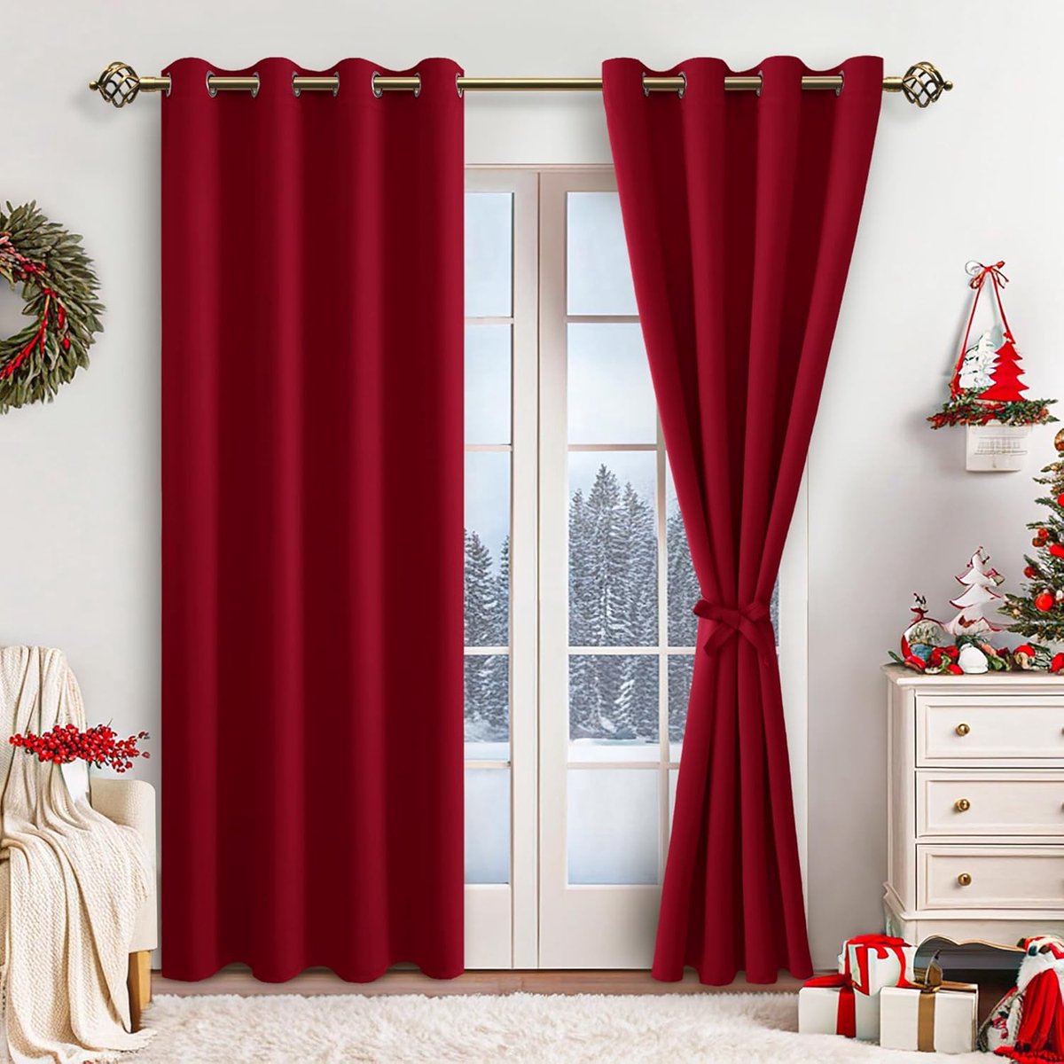 Verduisterende gordijnen, inslagringen, voor slaapkamer, woonkamer, rood, 2 stuks, 260 x 140 cm (H x B)