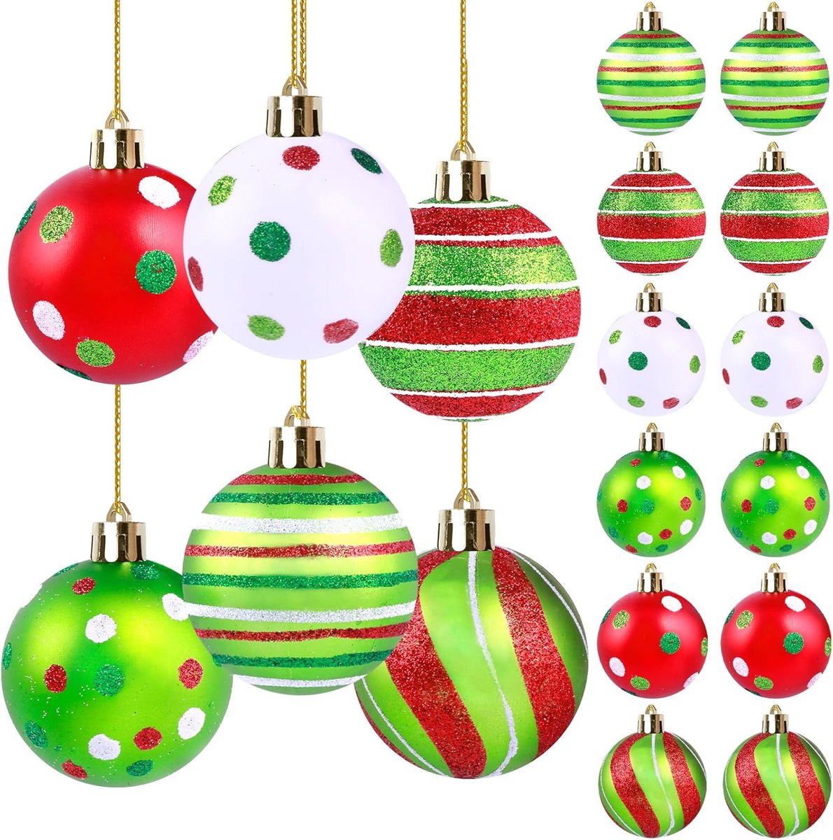 Kerstballen, 6 cm, onbreekbaar, ornamenten, decoratie voor kerstboom (rood, groen en wit)