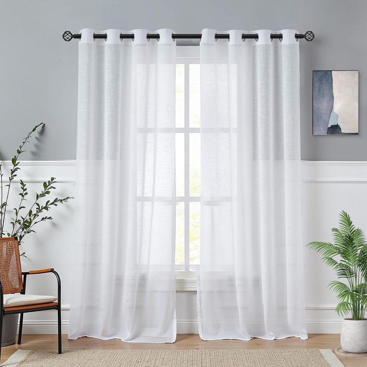 Set van 2 Doorschijnend Gordijn Voile,Wit Gordijnen Woonkamer Modern met Ringen,Gefilterd Licht Ademend Gordijnen voor Woonkamer, Slaapkamer, Openslaande Deur(142x228cm)