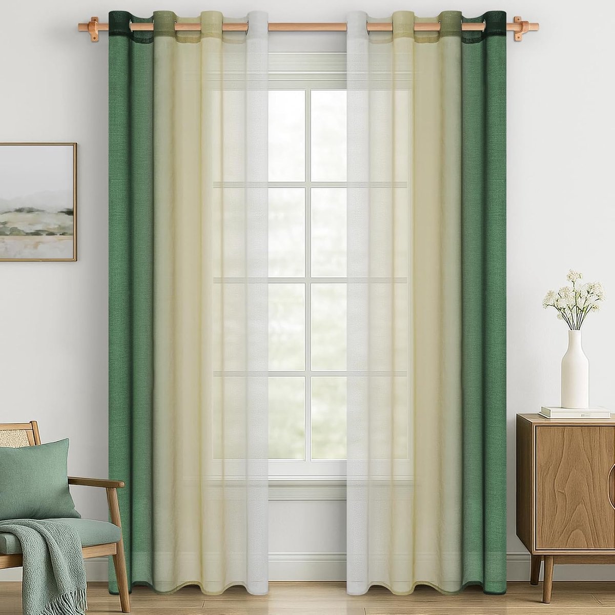 Gordijnen voile met ingestanste ringen, transparante set van 2, kleurverloop, olijfgroen, gordijnen doorzichtig, 225 cm lang, 140 cm breed, gordijn met inslagringen, voor woonkamer, moderne