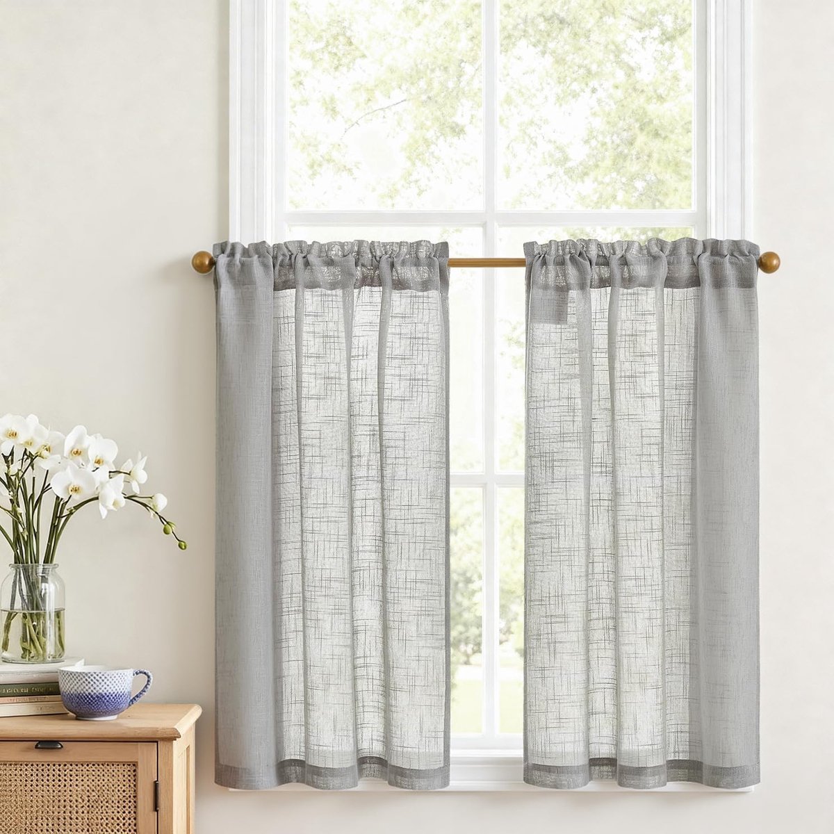 Vitrage keuken, voile, bistrogordijn, set van 2, 65 x 90 cm, landhuisstijl, grijs, kort, modern, raamgordijnen met stangdoorgang, halftransparant, korte gordijnen voor woonkamer, caravans