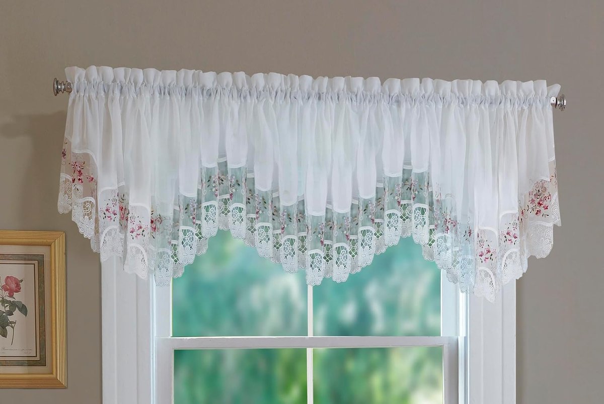 Curtain, Vintage macramé organza halve maan 18", wit/roze, 58" B x 18" L