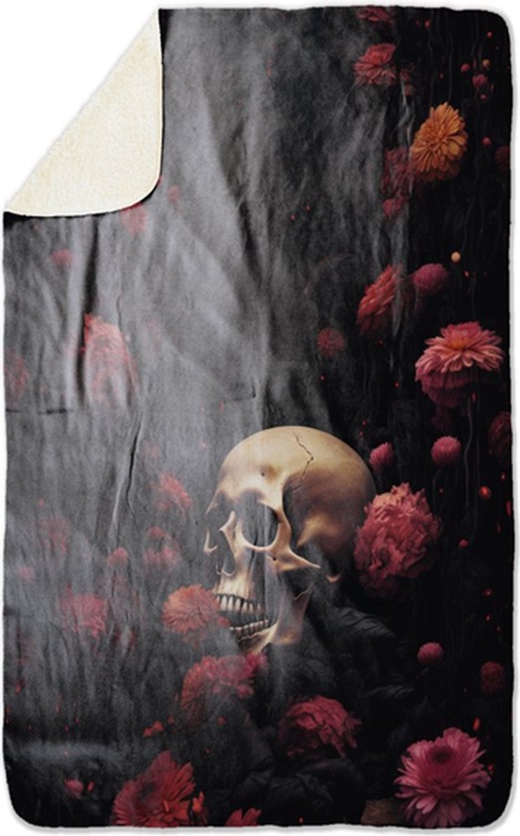Fleecedeken Doodshoofd met bloemen, FD2023307, Plaid, 96x146cm, Polyester Sherpa