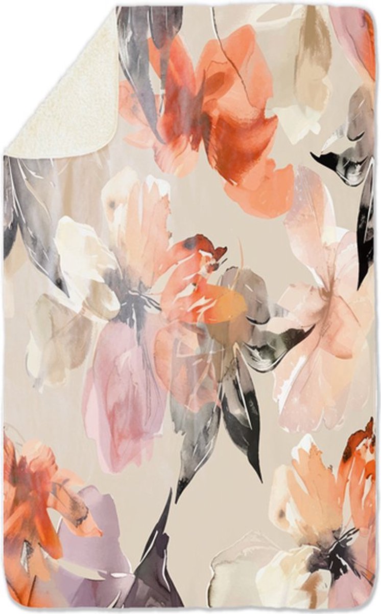 Fleecedeken Bloemen Oranje, 96x146cm, Polyester Sherpa