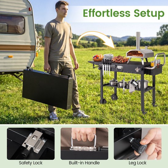 Buitenkeuken op Wielen – BBQ Trolley – Met Opbergkast & Planken – Werktafel voor Buiten – Multifunctioneel –Zwart — afbeelding 4