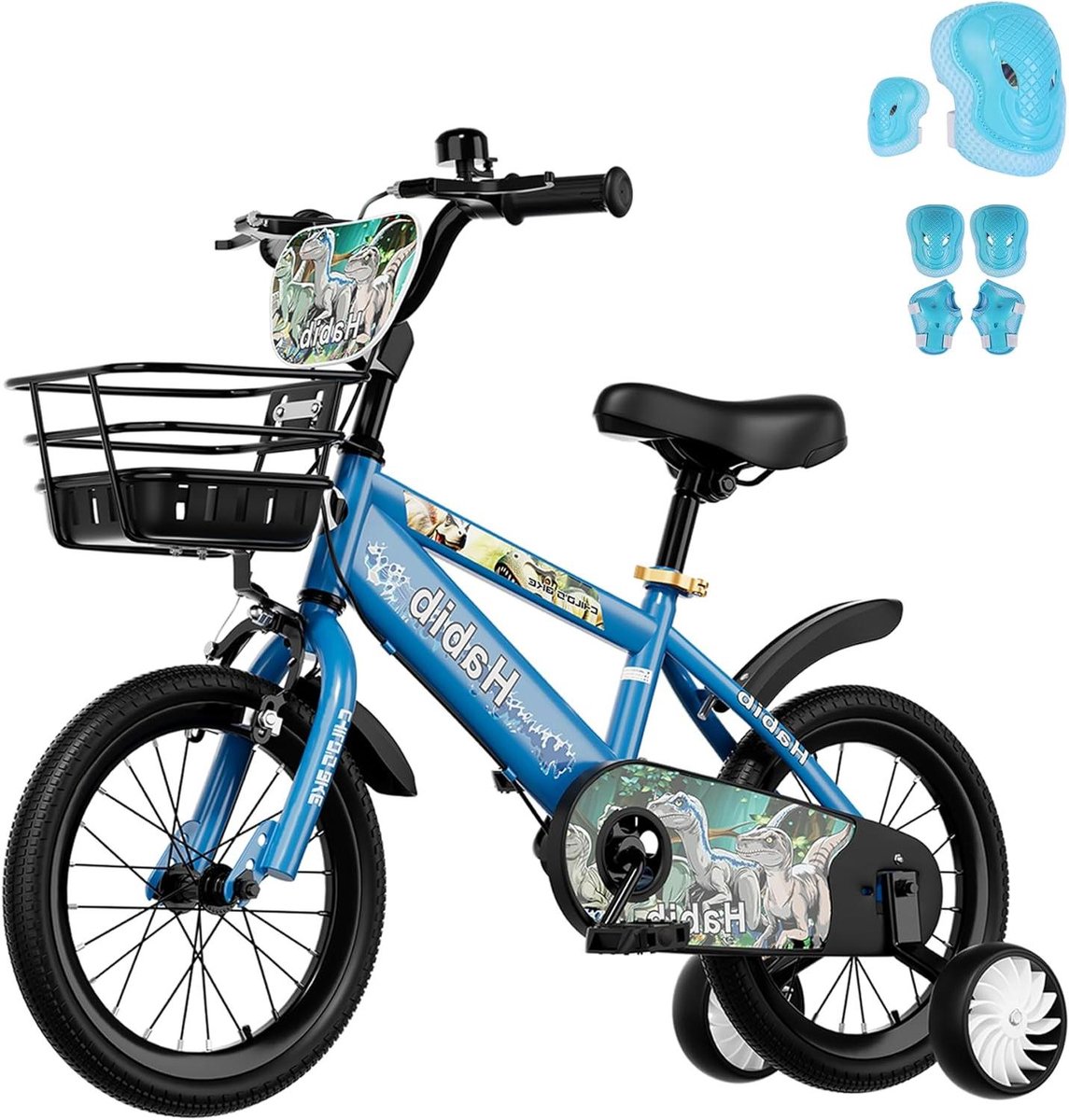 Jongensfiets Dino Kinderfiets Loopfiets Leren Fietsen Complete Set 14 inch Blauw