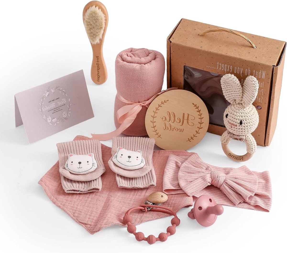 Baby Cadeauset - Kraamcadeau Set - Baby Verwennen - Gegraveerd met Tekst - 10 Delig - Roze