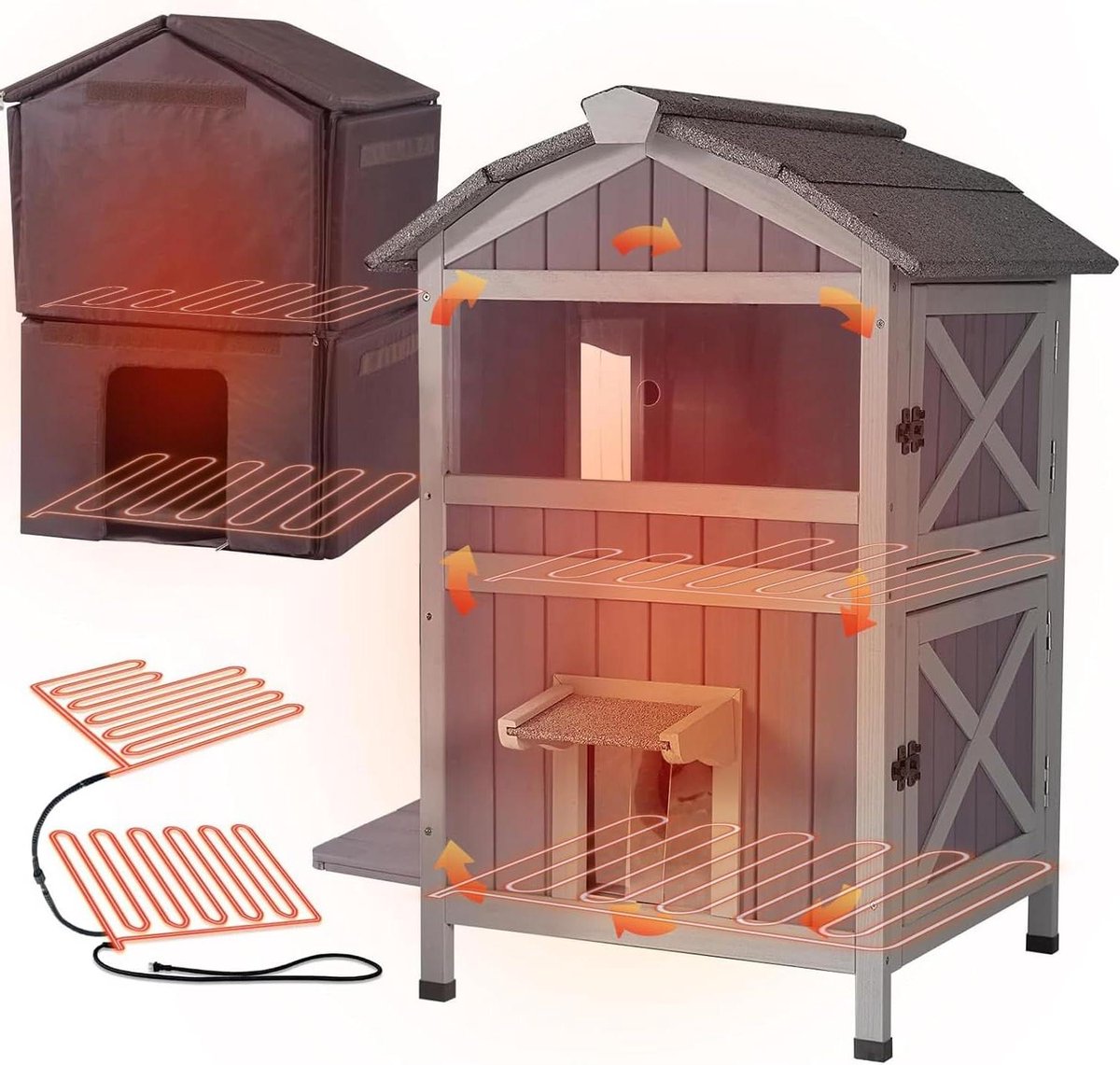 Huisdierenhuis Hout - Katenhuis Hondenhut - Buiten Bescherming - Dubbele Verdieping - 73 x 66.55 x 93 cm - Grijs