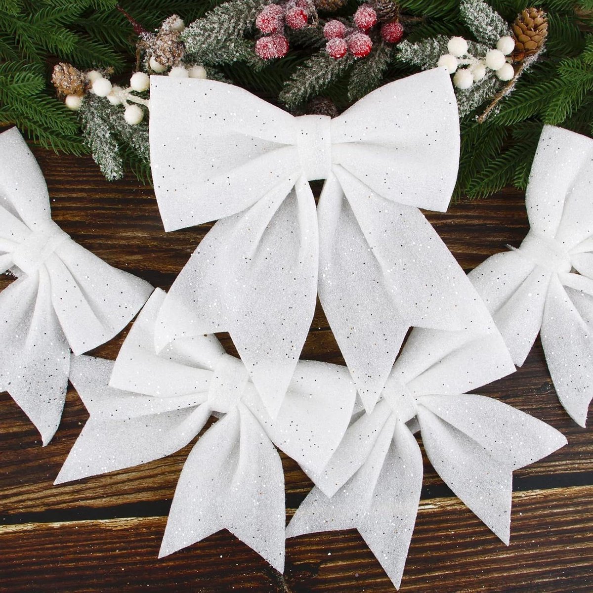 Kerst Strikken - Decoratie Bogen - Kerstboom Versieren - Glinsterend Effect - 5 Stuks - Wit