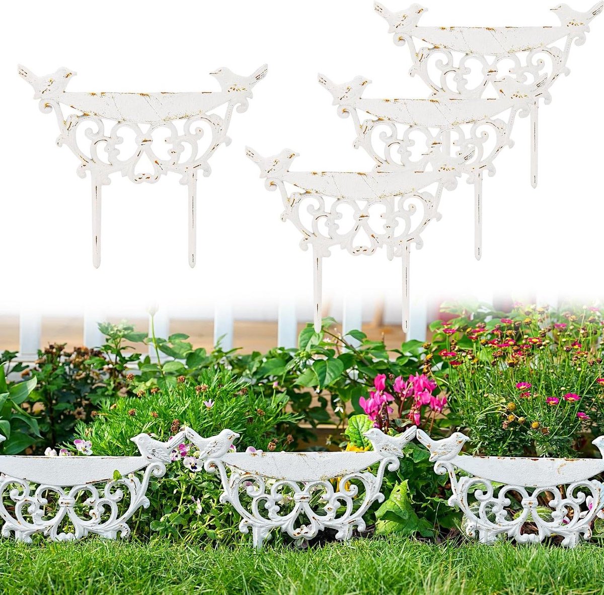 Decoratieve Tuinafsluiting - Buitenhekken Bloem - Tuinranden Afbakenen - Gietijzer met Antiroest - 25cm Hoog - Wit
