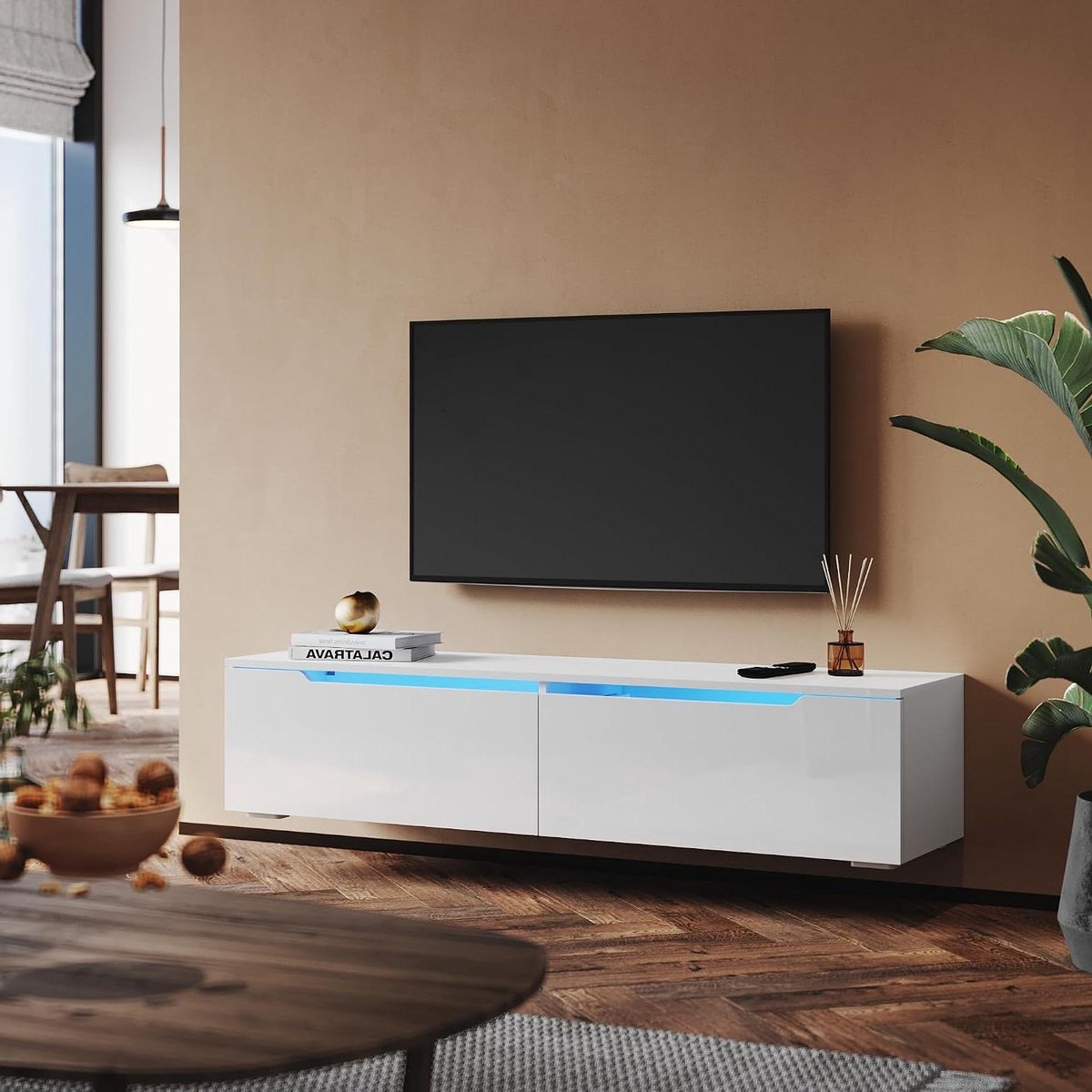 TV Meubel - Lowboard TV Kast - Woonkamer Inrichten - Hoogglans Afwerking - 140 cm Breed - Wit
