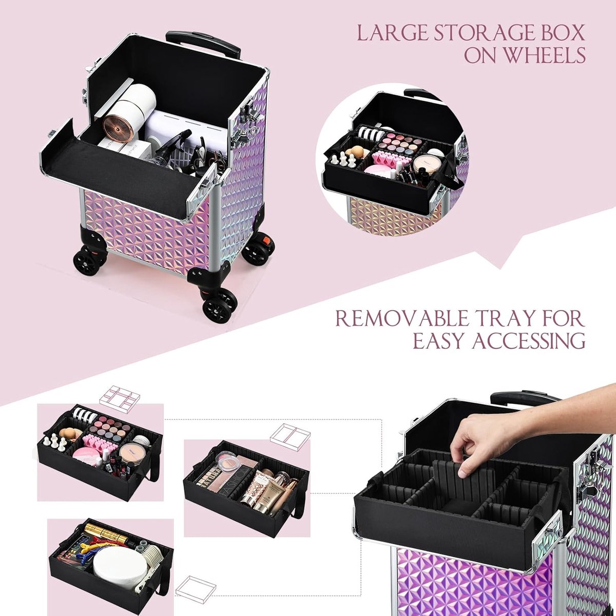 Make-up Koffer - Cosmetische Trolley - Professioneel Gebruik - 3-in-1 Modulair Ontwerp - 69 cm Hoog - Fel Roze