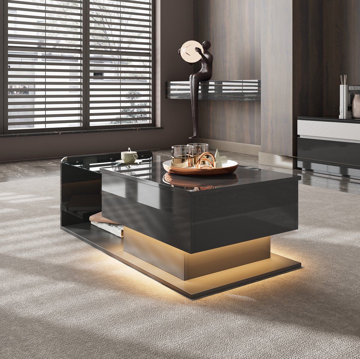 HAUSS SPOLE Salontafel - Hoogglans Glasblad Met Verstelbare Hoogte - Met Ledverlichting En Opbergruimte Voor Woonkamer - Zwart - 100x50 Cm