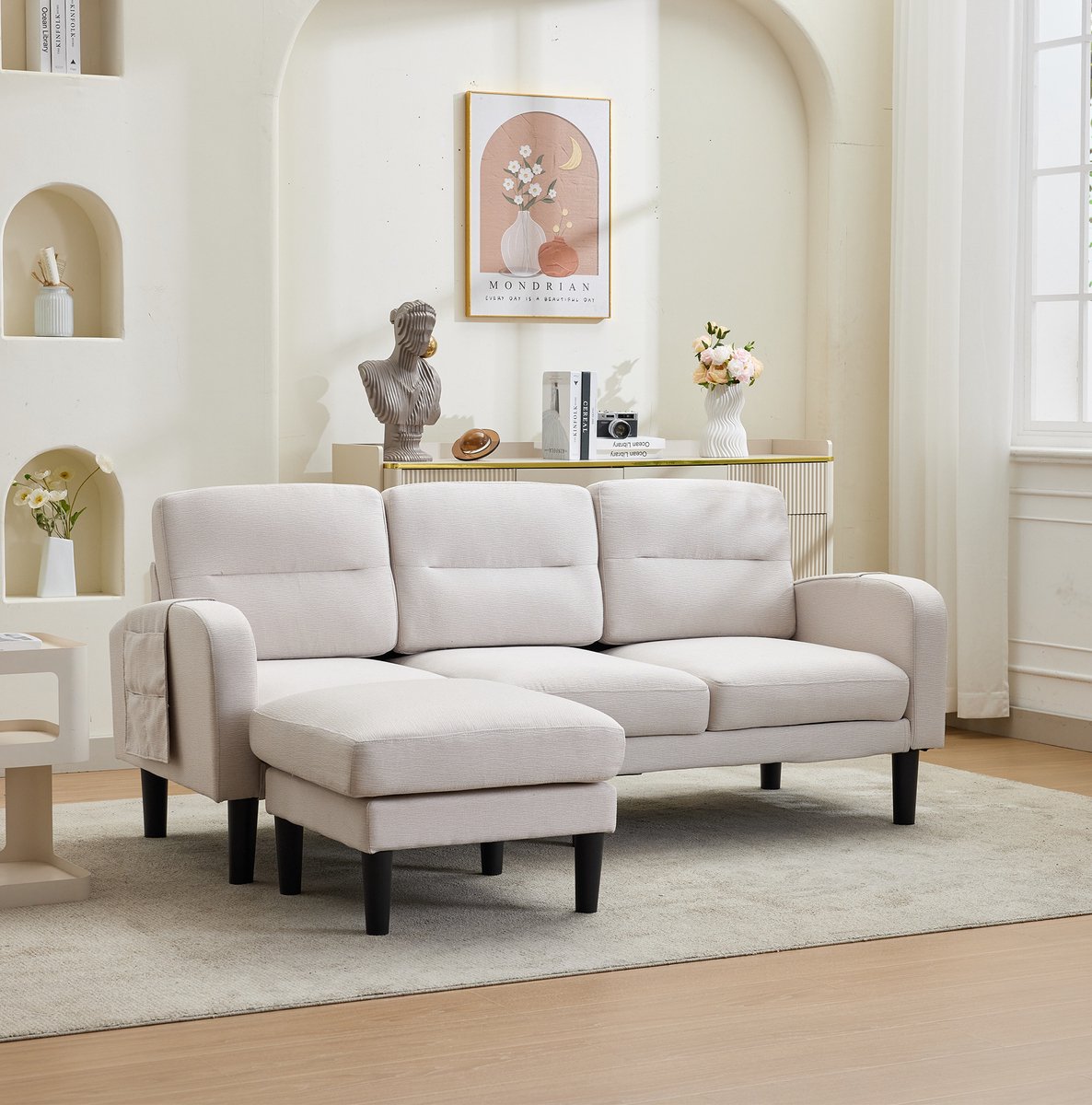 STILVORA Hoekbank 204 x 136 x 80 cm - 3-Zits Met Chaise Longue En Opbergtassen - Modulaire Bank Voor Woonkamer - Stof Beige