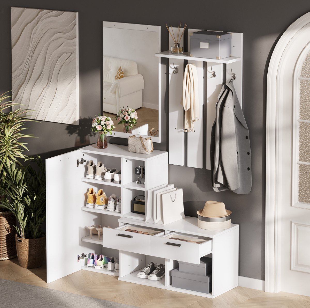 STILVORA Halmeubel - Garderobekast Met Spiegel 2 Lades En Schoenenopberging - Voor Hal En Entree - MDF - 120x35x175,5 Cm - Wit