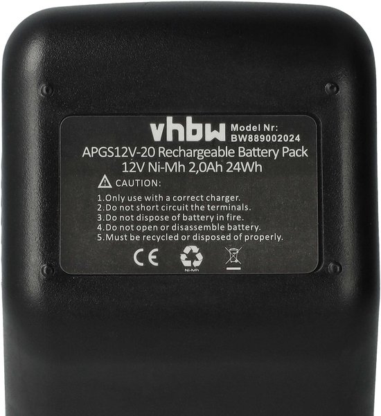 Zwarte NiMH accu, achterkant met het vhbw logo en specificaties van de accu.