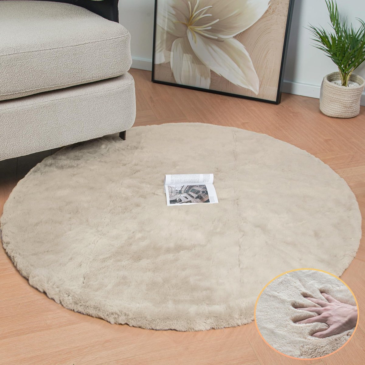 Rond 120 cm beige Pluizig Tapijt Konijnenbont Zacht Vloerkleed voor Woonkamer